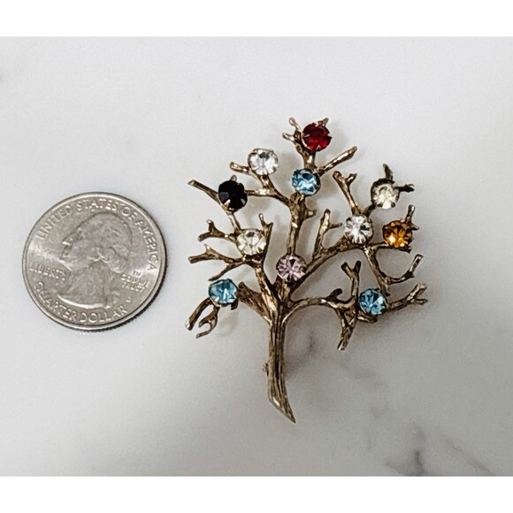 Vintage Sterling Silver Tree of Life Brooch Rhinestone Gold Tone Signed - Picture 6 of 7